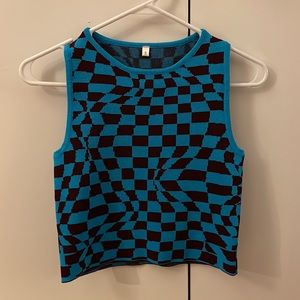 Brown and Blue Funky Checkered Print Knit Crop Top